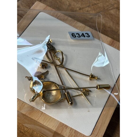 Vintage Gold-Tone Stick Pins Set Of 6 With Apple Kangaroo Crown & More - Picture 3 of 8